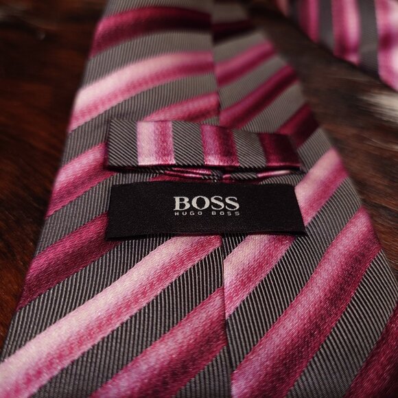 Boss Red, Pink, Black and White Striped Silk Tie - Picture 3 of 4